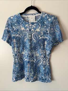 Johnny Was Blue and White Paisley Floral Short Sleeve Tee - Embroidered Knit